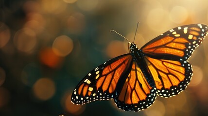 Fototapeta premium Monarch butterfly with detailed wings in warm sunlight