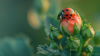 Ladybug with red and black spots on flower bud in nature