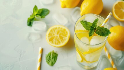 Fototapeta premium Refreshing lemonade with mint, surrounded by lemons and ice