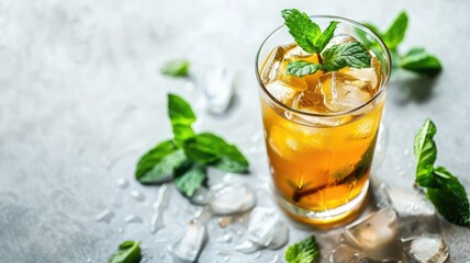 Refreshing iced tea with mint, ice cubes, and mint leaves