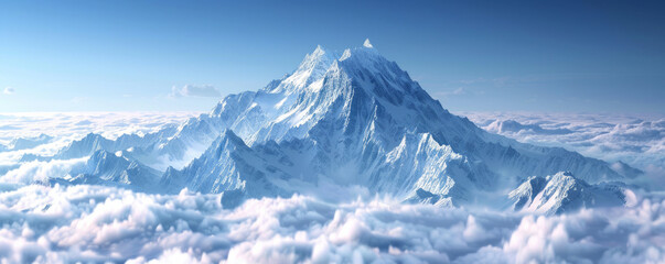 A snow-capped mountain peak piercing the clouds, its slopes covered in a blanket of fresh snow.