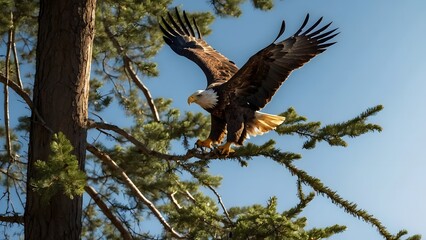 An eagle is about to land on a tree branch with its wings spread.
