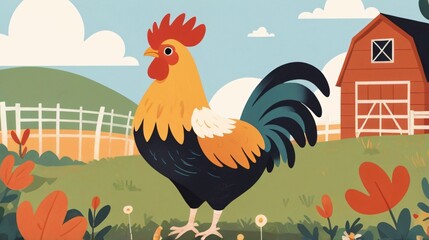 flat illustration of cute rooster in farm