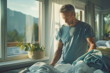 Man folding laundry in sunlit bedroom with mountain view, morning light