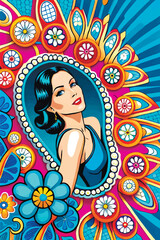 A series of backgrounds featuring women's portraits in 70s modern style. Depicting strong women in floral frames. Perfect for adding text and creating unique designs.