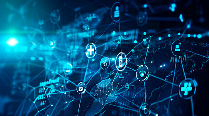 Healthcare business growth graph with global health network connection service on virtual screen. Medical technology and tourism, telemedicine, virtual hospital, healthcare and medicine background