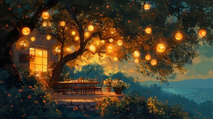 Naklejka premium Evening Dinner Under a Tree Lit With String Lights