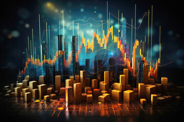 generated illustration digital bar chart with a city scape in the background
