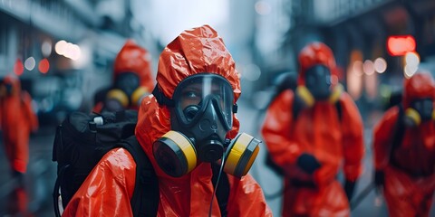 Hazmat team responding to emergency in urban city environment. Concept Hazmat Response, Urban City, Emergency Preparedness, Protective Gear, Safety Procedures