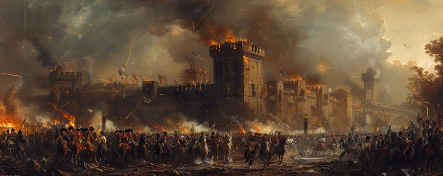 A scene from the French Revolution, with revolutionaries storming the Bastille, symbolizing the overthrow of tyranny.