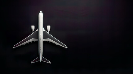 Ultra-detailed top view of an aircraft model on a black  with empty space showcasing intricate details concept of the aircraft industry airline safety and traveling insurance 