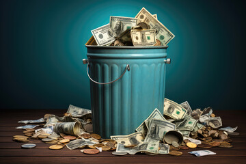 generated illustration money in the trash bin