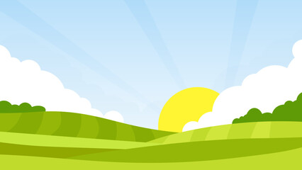 Obraz premium Green field, blue sky and white round clouds countryside spring landscape