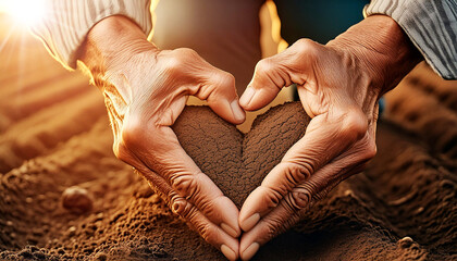 Close-up of two wrinkled hands (cupped hands full soil) of a farmer, showing the fertile ground of his cultivated field in the shape of a heart. Farmer who loves his land, concept. Generative Ai.
