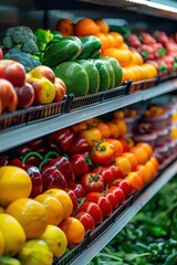 Neatly arranged fruits and vegetables on a refrigerated shelf in a supermarket Bright lighting highlighting the fresh, vibrant produce