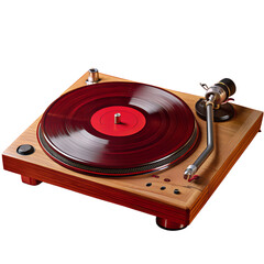 Vintage wooden turntable playing red vinyl record. Perfect for retro music enthusiasts and collectors. Capture the nostalgia of analog sound.