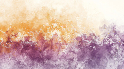Fototapeta premium a tranquil watercolor with deep purple, orange, ochre, and gold hues, fading to a near-white background.