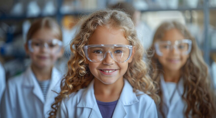 Fototapeta premium Blonde girl in lab coat and goggles smiles, with kids around, hinting at science experiment in progress.