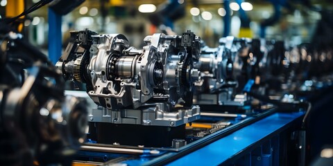 Fototapeta premium Image of car engine assembly line in modern manufacturing plant with blue lighting. Concept Manufacturing Plant, Car Engine Assembly Line, Blue Lighting, Modern Technology, Industrial Process