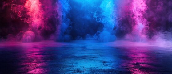 Dark stage with neon blue, purple, pink background, spotlights on asphalt floor, smoke rising Studio room texture for displays