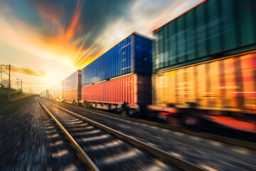 Obraz premium A detailed photo of a train loaded with shipping containers passing through a scenic landscape at sunset, with the motion blur effect highlighting the speed and efficiency of cargo transportation 