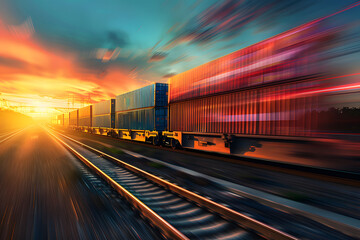 Obraz premium A detailed photo of a train loaded with shipping containers passing through a scenic landscape at sunset, with the motion blur effect highlighting the speed and efficiency of cargo transportation 