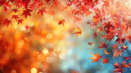 Fototapeta premium Falling autumn leaves, rich colors, scenic autumn backdrop, peaceful and serene