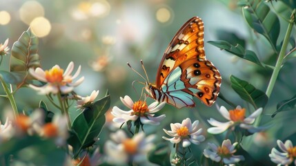 Obraz premium A butterfly gracefully landing on a flower, surrounded by a sea of greenery and blooms
