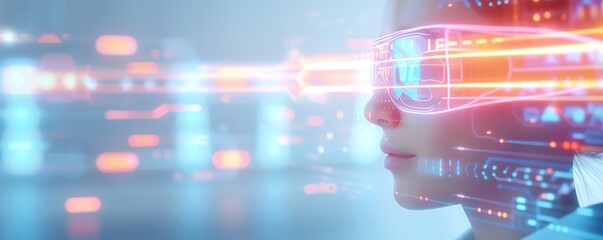 Obraz premium Close-up of a person wearing futuristic virtual reality goggles, surrounded by digital light trails and technology interface.