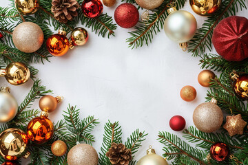 Christmas white background, flat lay copy space backdrop with Christmas decorations