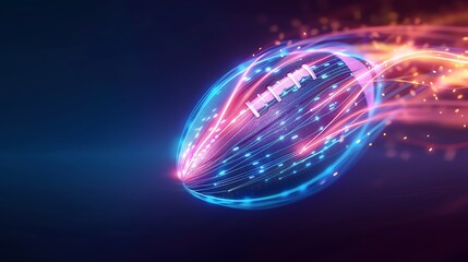 Dynamic illustration of a glowing American football with neon trails on a dark background, conveying speed and energy.