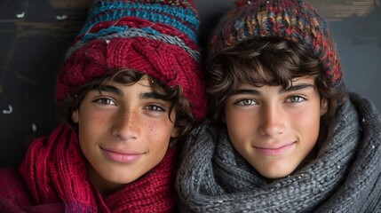Two young guys together, hugging, on a neutral background, both smiling, intimacy and tenderness. Same-sex relationships and love