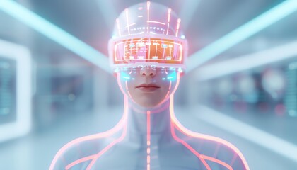 Futuristic person with neon visor and bodysuit in glowing virtual environment, showcasing advanced technology and virtual reality.