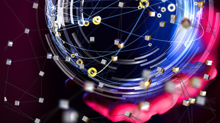 Global network. Blockchain. 3D illustration. Neural networks and artificial intelligence. Abstract