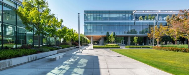 The office building has a modern exterior with glass facades and is surrounded by autumn trees...