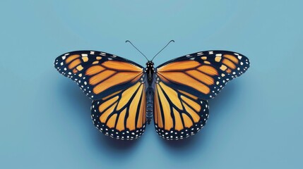Obraz premium A gorgeous digital illustration of a butterfly, its wings spread wide, elegantly isolated on a calm blue background.