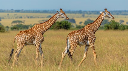 Obraz premium Two majestic giraffes standing in the natural savanna landscape under a clear blue sky, exhibiting wildlife in its habitat