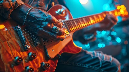 Fototapeta premium An electric guitar player on stage showcasing hands and guitar with colorful stage lighting