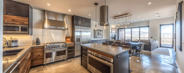 A modern kitchen with sleek appliances, stainless steel countertops, and an island perfect for gathering and preparing meals.