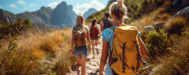 A group of friends hiking through a mountain trail, enjoying the fresh air and stunning views.