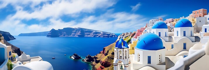 Fototapeta premium santorini's blue domes stand out against the clear blue sky and water, with a small boat anchored nearby