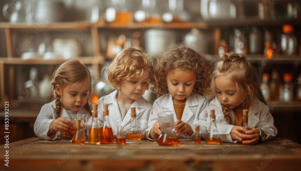 Aufkleber four young scientists wearing lab coats conduct experiments with beakers and flasks in a laboratory 