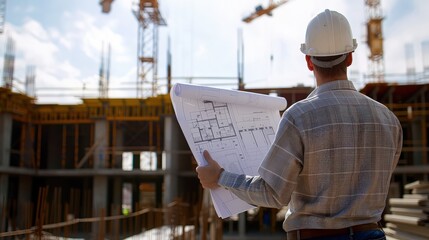Architect Overlooking Construction Site with Blueprint