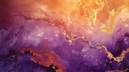 Obraz premium Develop an abstract watercolor with a tranquil atmosphere, using a purple-orange-ochre color scheme with gold accents.