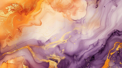 Paint a serene watercolor scene with fluid textures in purple, orange, ochre, and gold, creating a...