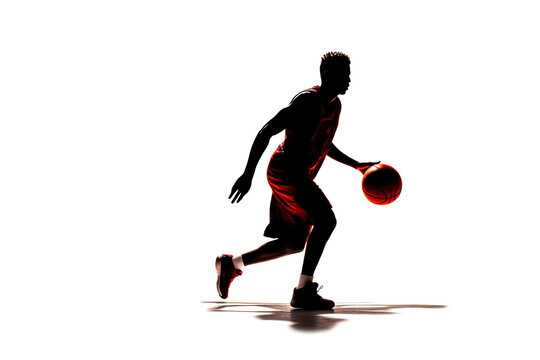 recommend clip art: A basketball player is in mid-air, reaching for a basketball. Concept of athleticism and determination, as the player is focused on the ball and the game