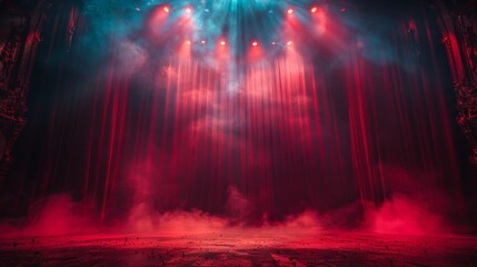 Fototapeta premium A theatrical scene with a red stage curtain bathed in dramatic spotlights and atmospheric smoke