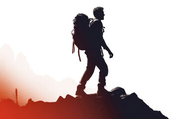 A man is walking up a mountain with a backpack on his back. He is carrying a walking stick and a camera. Concept of adventure and exploration, as the man is venturing into the wilderness with his gear