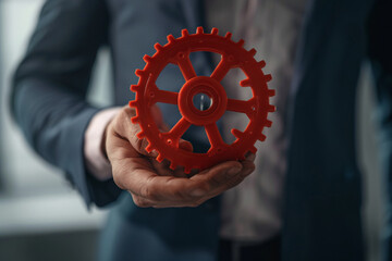 a person holding a red gear