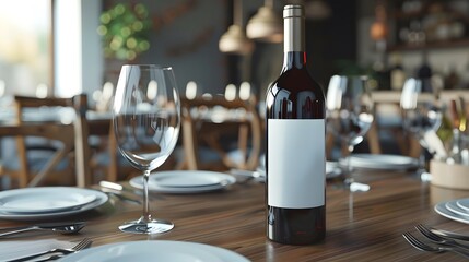 Blank Label Wine Bottle: A wine bottle with no label on a dining table.